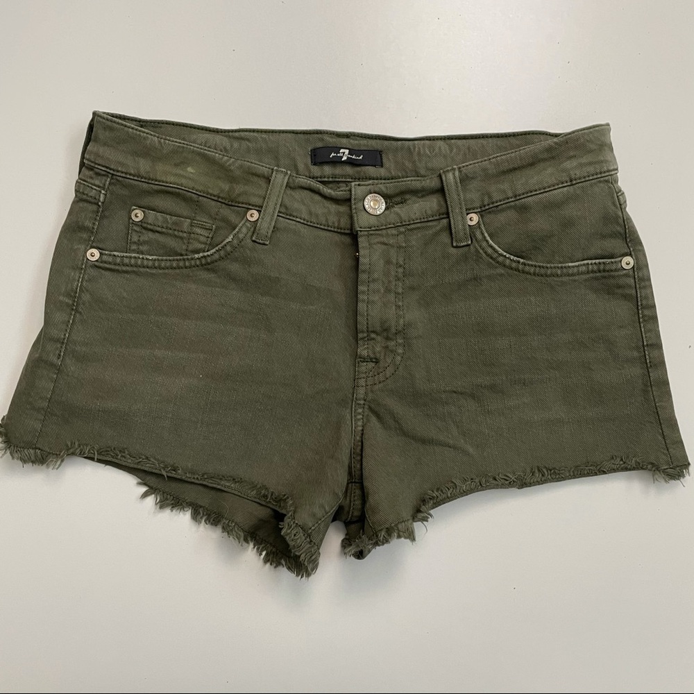 7 For All Mankind Shorts Cut Off Raw Hem Denim Jean Pockets Olive Army Green